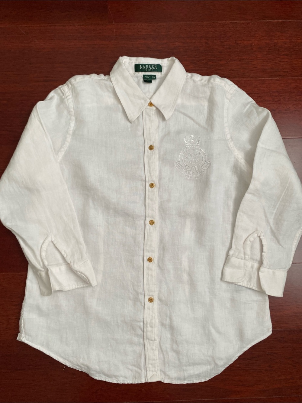 Ralph Lauren Cream Linen Button-Down Shirt with Embroidered Crest